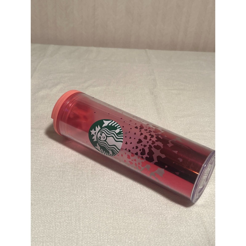 Starbucks 16 Oz Acrylic Pink Tinted Red Ombré Hearts Print Tumbler
